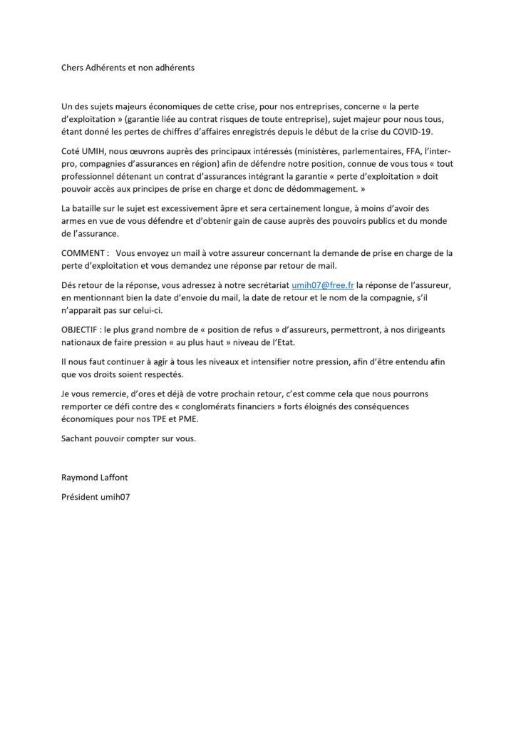 Courrier assurance perte d'exploitation